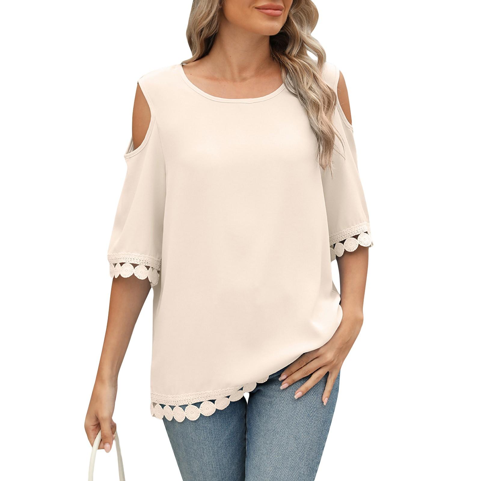 

Женская повседневная модная сексуальная удобная однотонная свободная футболка с круглым вырезом и рукавом три четверти XL бежевый