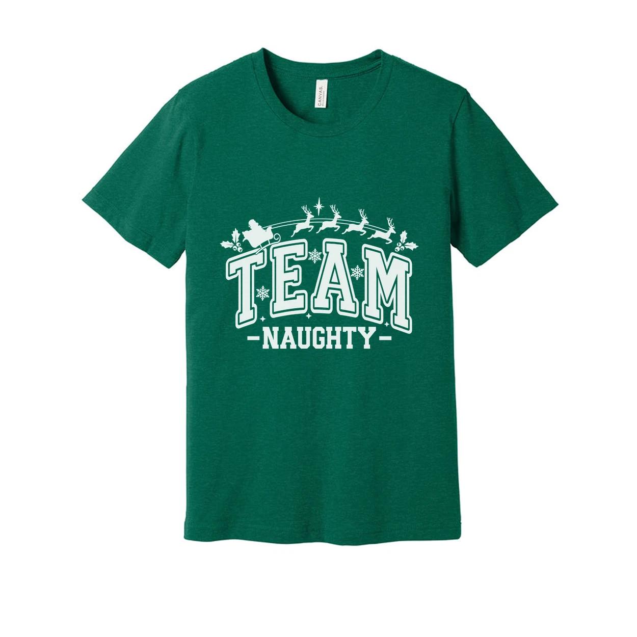 

Team Naughty Christmas Graphic T Shirt Unisex Holiday Tee With Santa Sleigh Desi 3XL