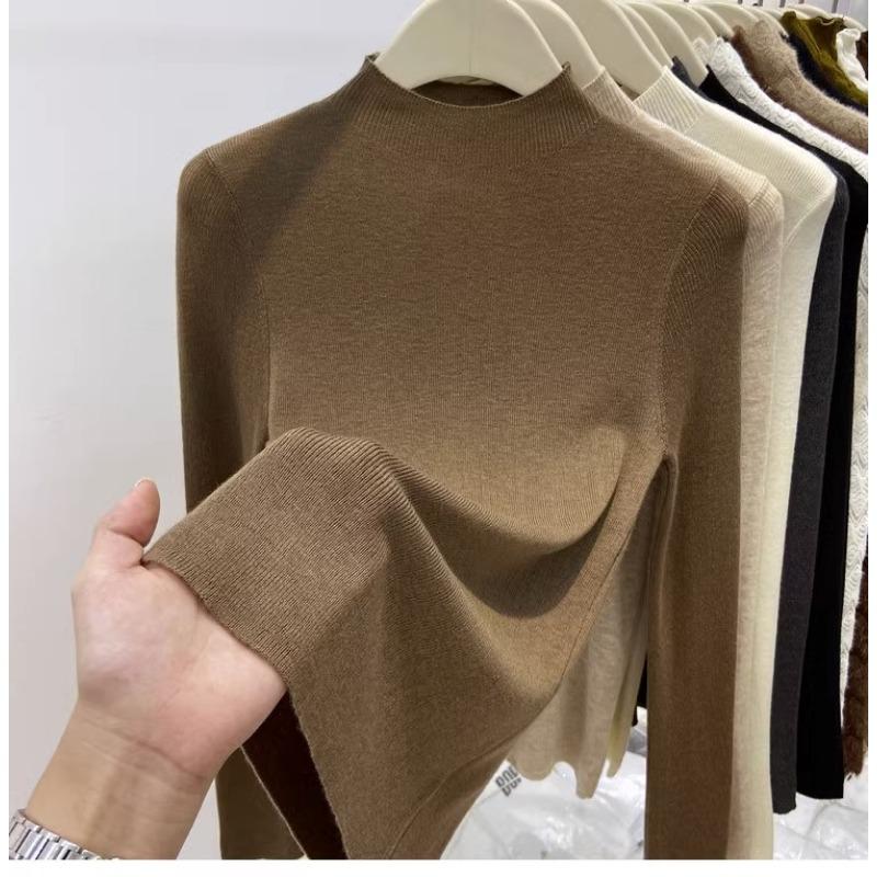 Autumn Winter New Semi-turtleneck Knitted Women Sweater Female Slim Fashion Elegant Pullover Thin Inner Bottoming Shirt Solid Loose Casual Simple Tops