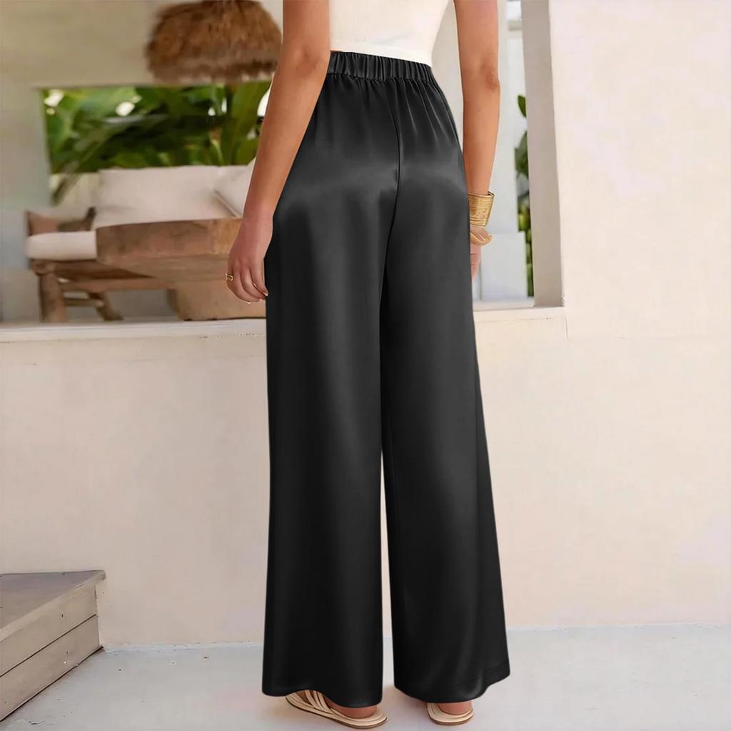 Women’s Wide Leg Satin Pants High Waist Drawstring Loose Fit Lightweight Trousers for Casual and Lounge Wear