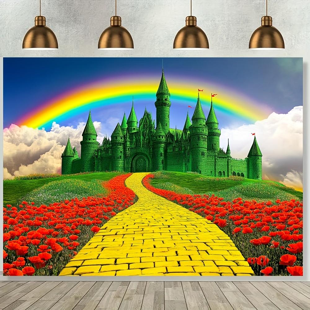 1 Large "The Wizard of Oz" Jade Castle and Brick Road Background - Bright Floral Rainbow Polyester Photography Background