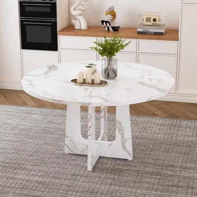 Modulärt Runt Matsalsbord, 120 cm Diameter, 76 cm Höjd, MDF, Imitation Marmor Vit Fanér, Plats för 4 - Matsal, Kök, Vardagsrum
