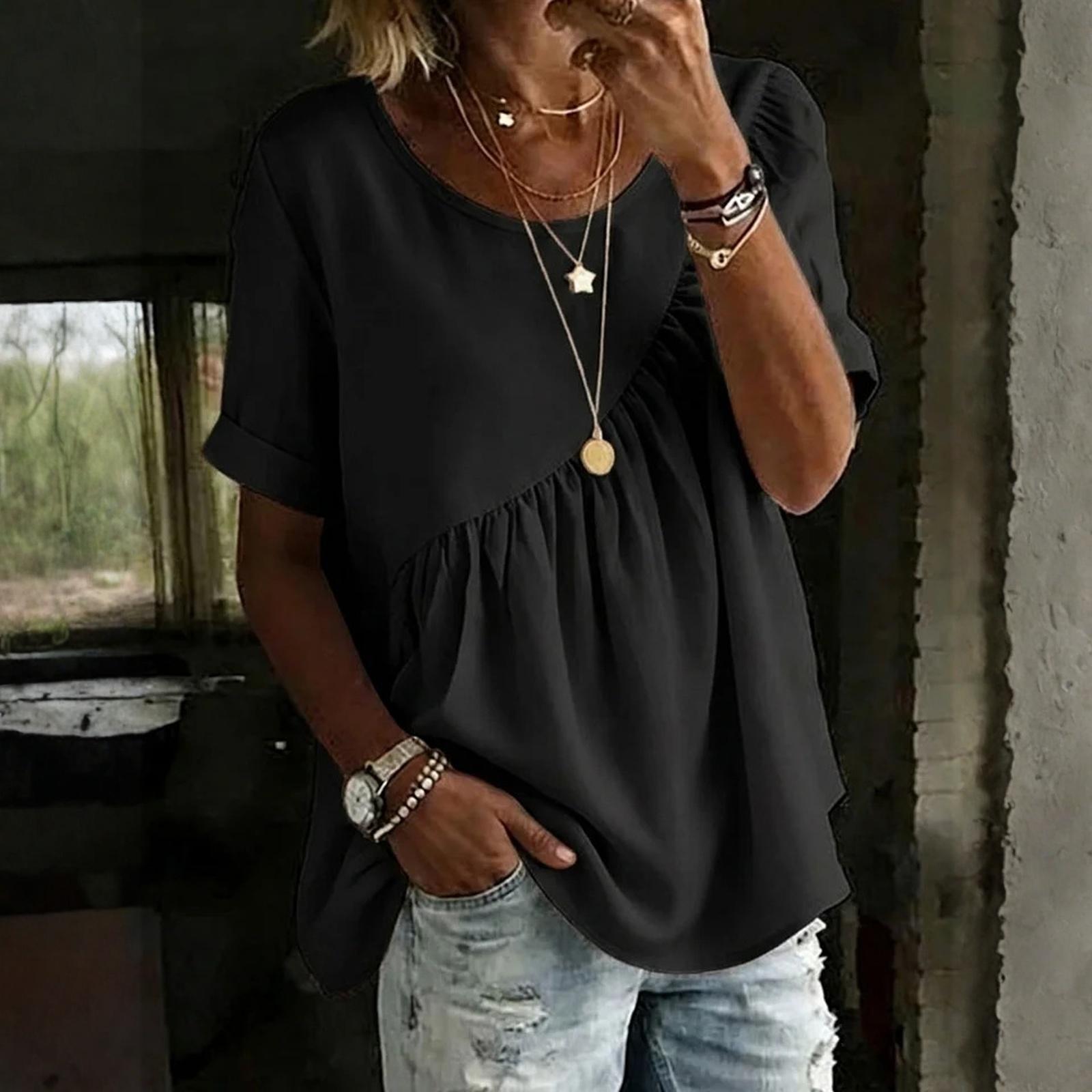 Women s Fashionable Casual Round-Neck Patchwork Short-Sleeve Loose-Fit Top L