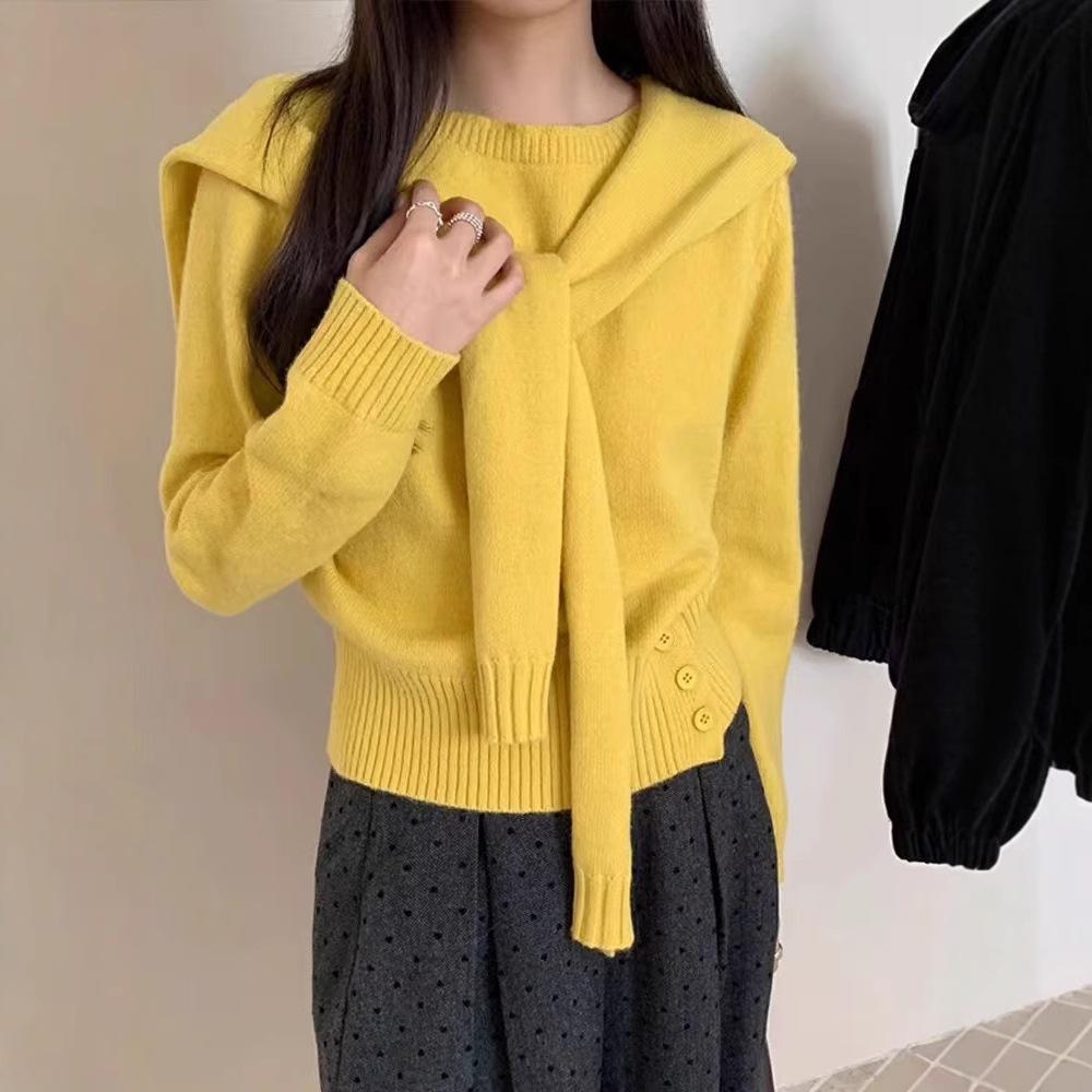 Korean Chic Waist-Cinched Loose Slimming Sweater with Shawl, Long Sleeve Knit Top for Autumn/Winter