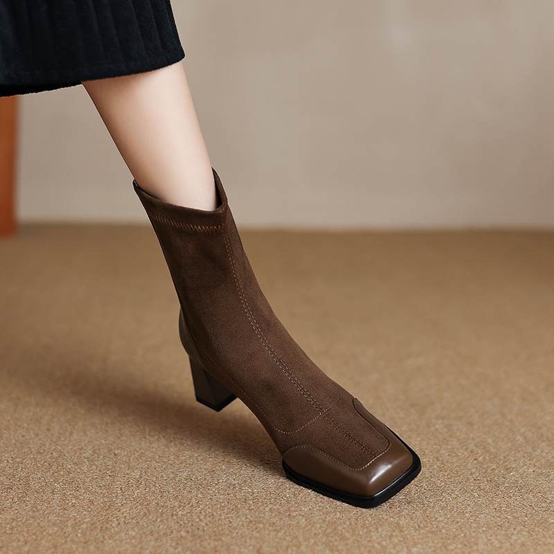 Krazing Pot Flock Autumn Winter Shoes Thick High Heels Big Size 40 Modern Boots Square Toe Keep Warm Zip Ankle Boots