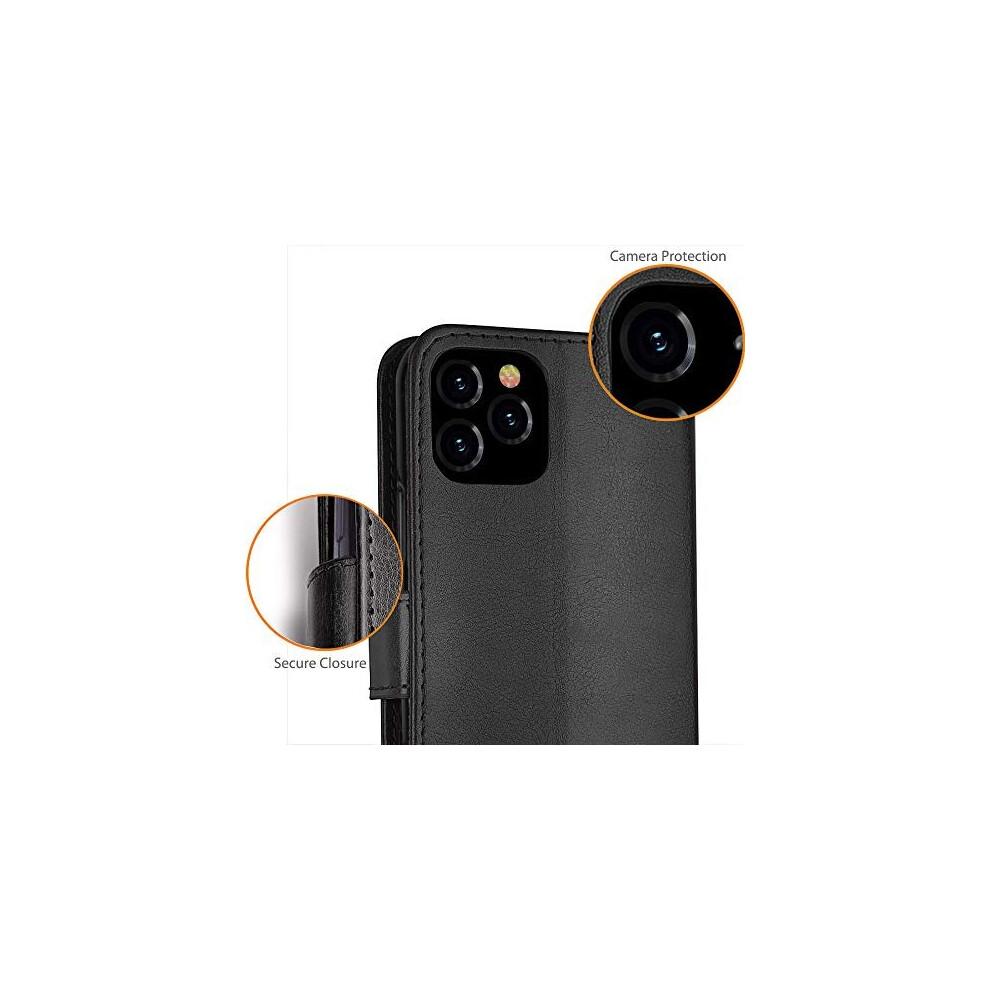 (Black) iPhone 11 Pro Max Leather Wallet Case - Protective Flip Cover with Card Slots, Kickstand and Wrist Strap, PU Leather