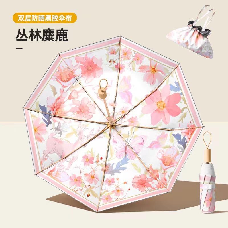 3-Folding Compact Umbrella Upf50+ Vinyl Sun Protection 8-Rib Double Layer Portable Parasol For Women Lightweight Travel Umbrella