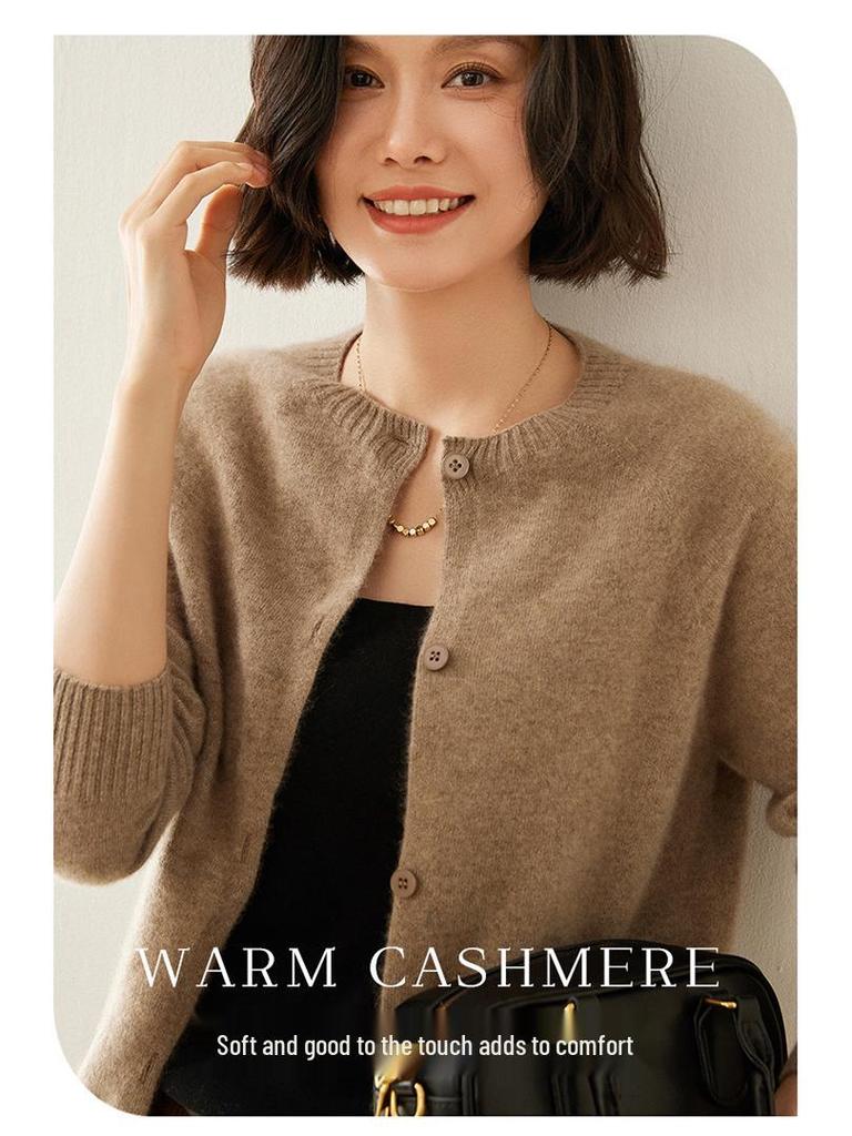 Women's Cashmere Round Neck Cardigan - Autumn/Winter Slim Fit Knitted Sweater, Solid Color, Versatile Outerwear