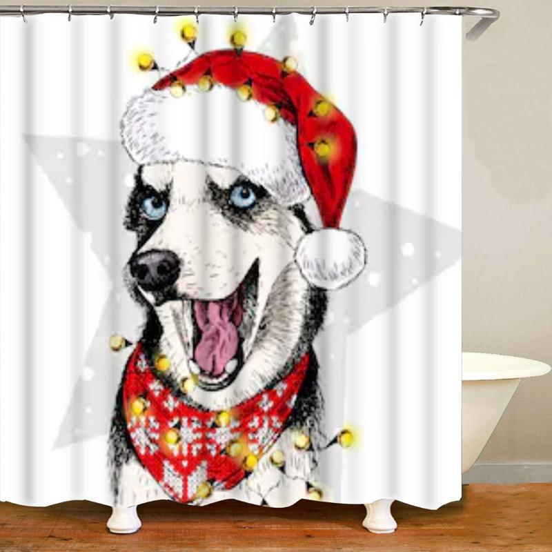 Süßer Sibirischer Husky Duschvorhang Weihnachtlicher Duschvorhang Set Husky Hund Welpe Badezimmervorhang Haustier Hunde Weihnachten Heimdekoration