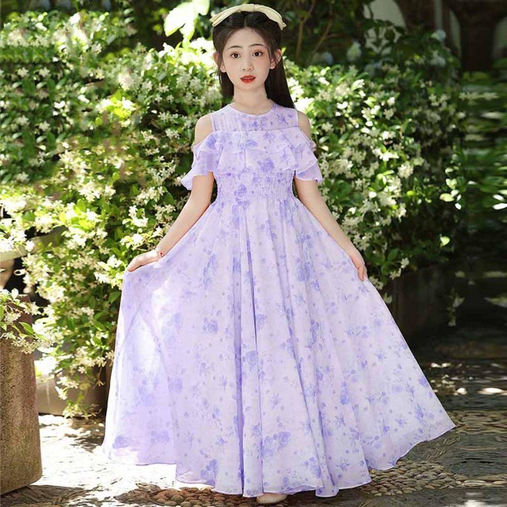 Loose Girls Chiffon Floral Dress Teenagers Children Princess Dress Summer Kids Dresses  Students