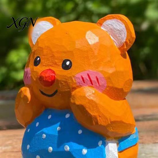 Cute Bear Desktop Decoration Hand-Carved Basswood Ornament, Apron Wood Decorative Figurine, Car Interior Accessory Statue for Shelf And Home