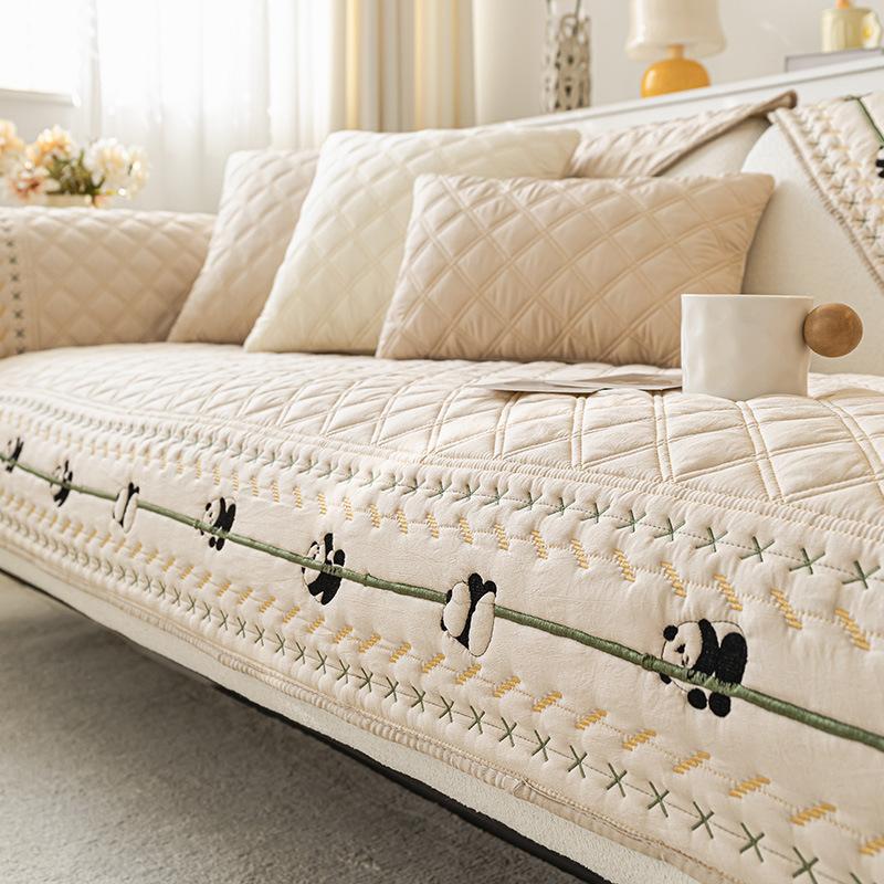 New Washed Cotton Sofa Mat Lesser Panda Embroidery Sofa Cover Living Room Non-slip Sofas Cushion L-shaped Sofa Protective Case
