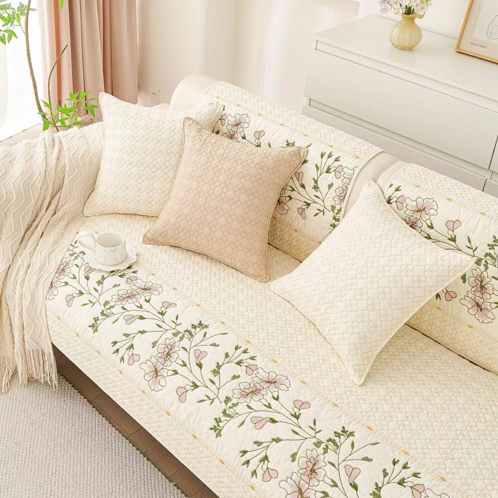 Cotton Sofa Cover Pastoral Style Embroidery Flower Anti-Scratched Seat Cushion Pad All Seasons Universal Non-Slip Sofa Slipcover