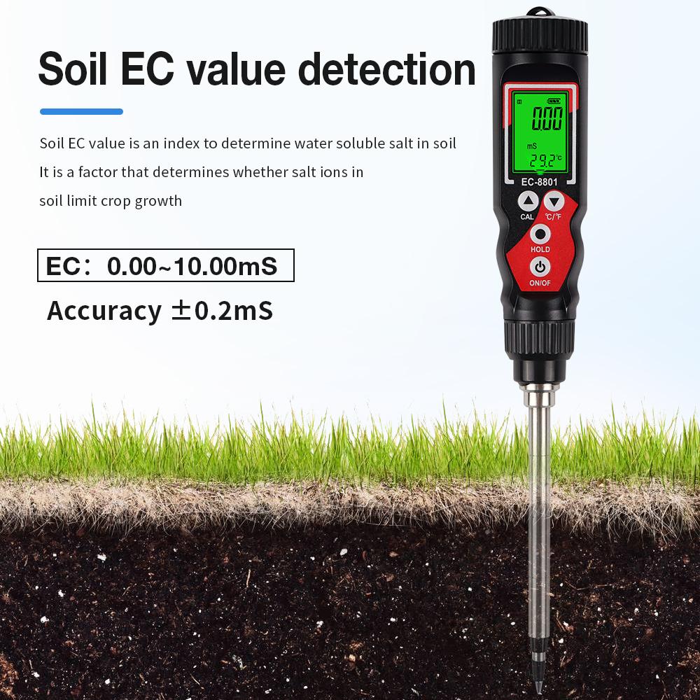 EC Soil Detector Digital EC Temperature Soil Tester 0.00-10.00 MS/cm Electrical Conductivity Soil Meter for Potted Plants Garden