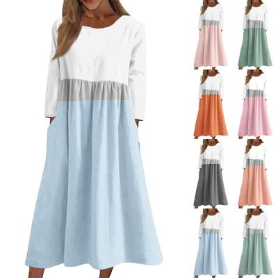 Women's Casual Round Neck Striped Print Midi Dress Long Sleeve Pocket Dress
