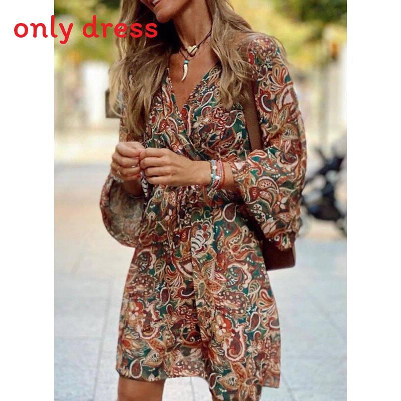 Summer Floral Print Polyester A Line Dress With V Neck And Mid Waist For Casual Wear
