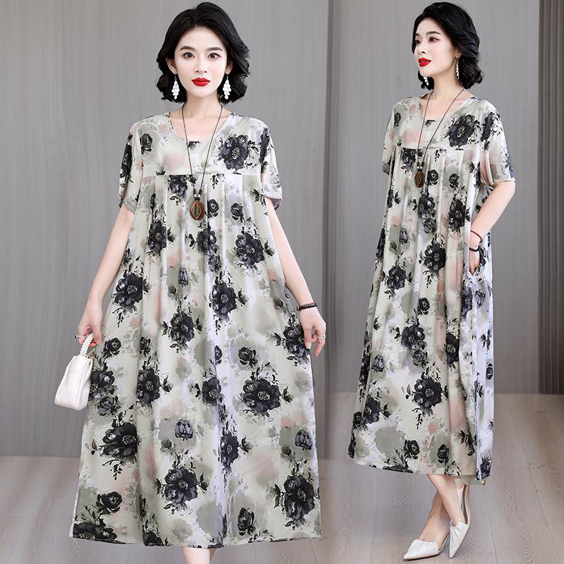 Cotton Silk Dress Women's Summer Large Size Temperament Loose Printing Casual Cotton and Linen Long Skirt