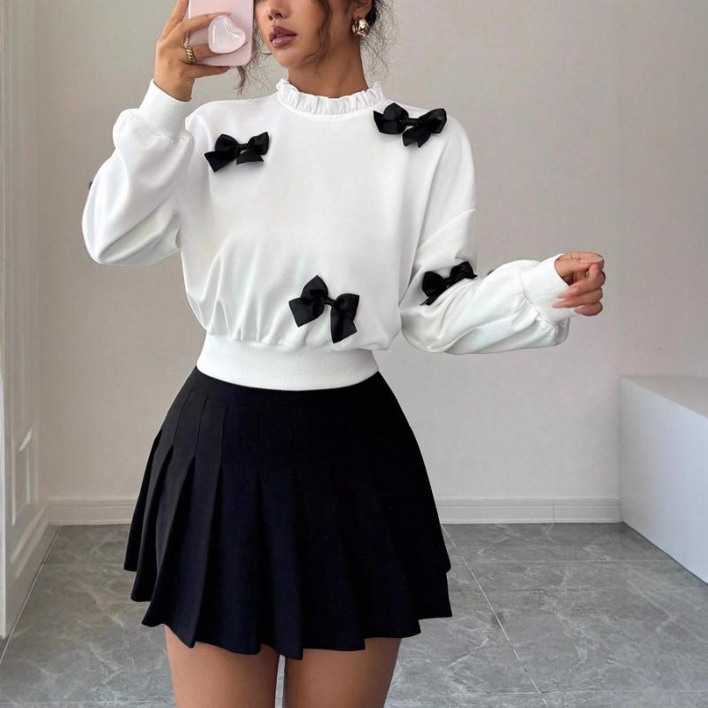 Tops for Women Fashionable Simple Bow Knot Decorated Short Sweatshirt Pullover
