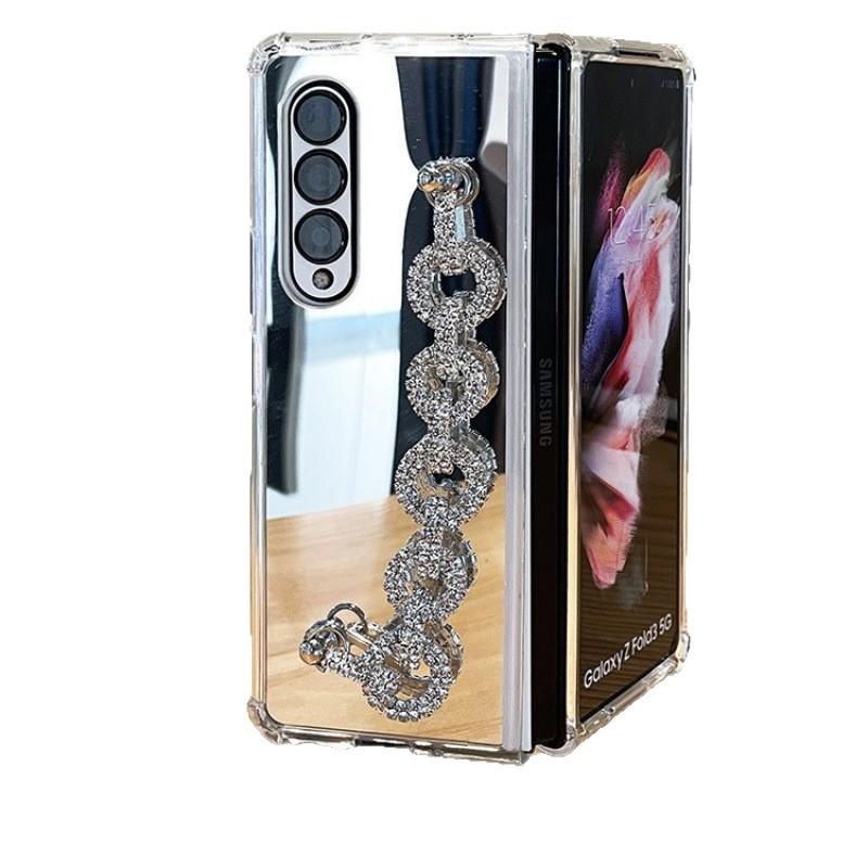 Makeup mirror is suitable for Samsung ZFold7 mobile phone case folding Zfold6/5 rhinestone chain four corners anti-drop protective cover