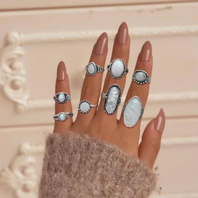 Retro Geometrisches Opal-Stil 8-teiliges Ring-Set