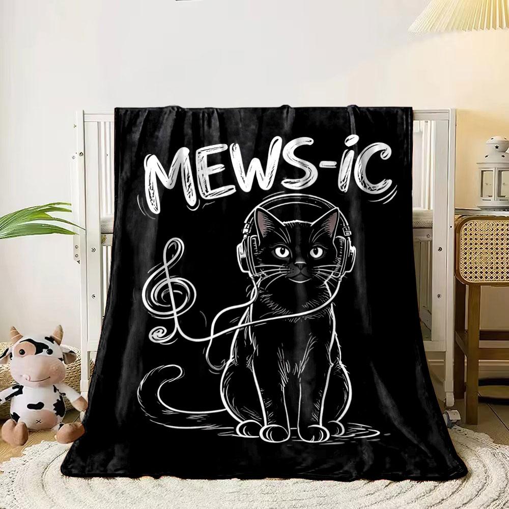 

A black cat with headphones and a treble clef-shaped cable, labeled MEWS-IC . for all seasons blanket lunch break throw gift 80cm x 120cm