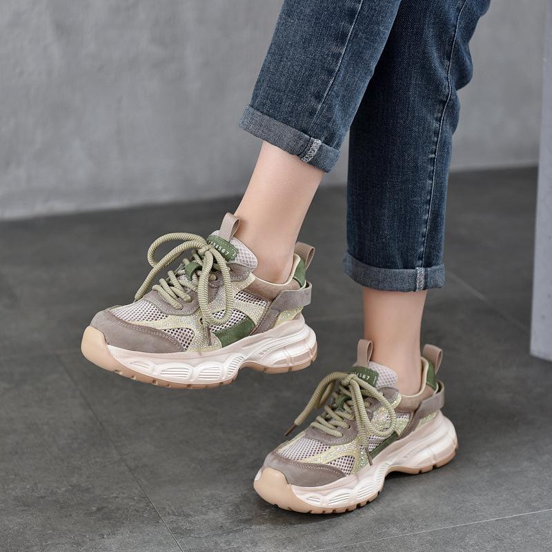Lightweight and Breathable Mesh Leather Sports and Leisure Women's Shoes Summer Lace-up Comfortable Sports Shoes
