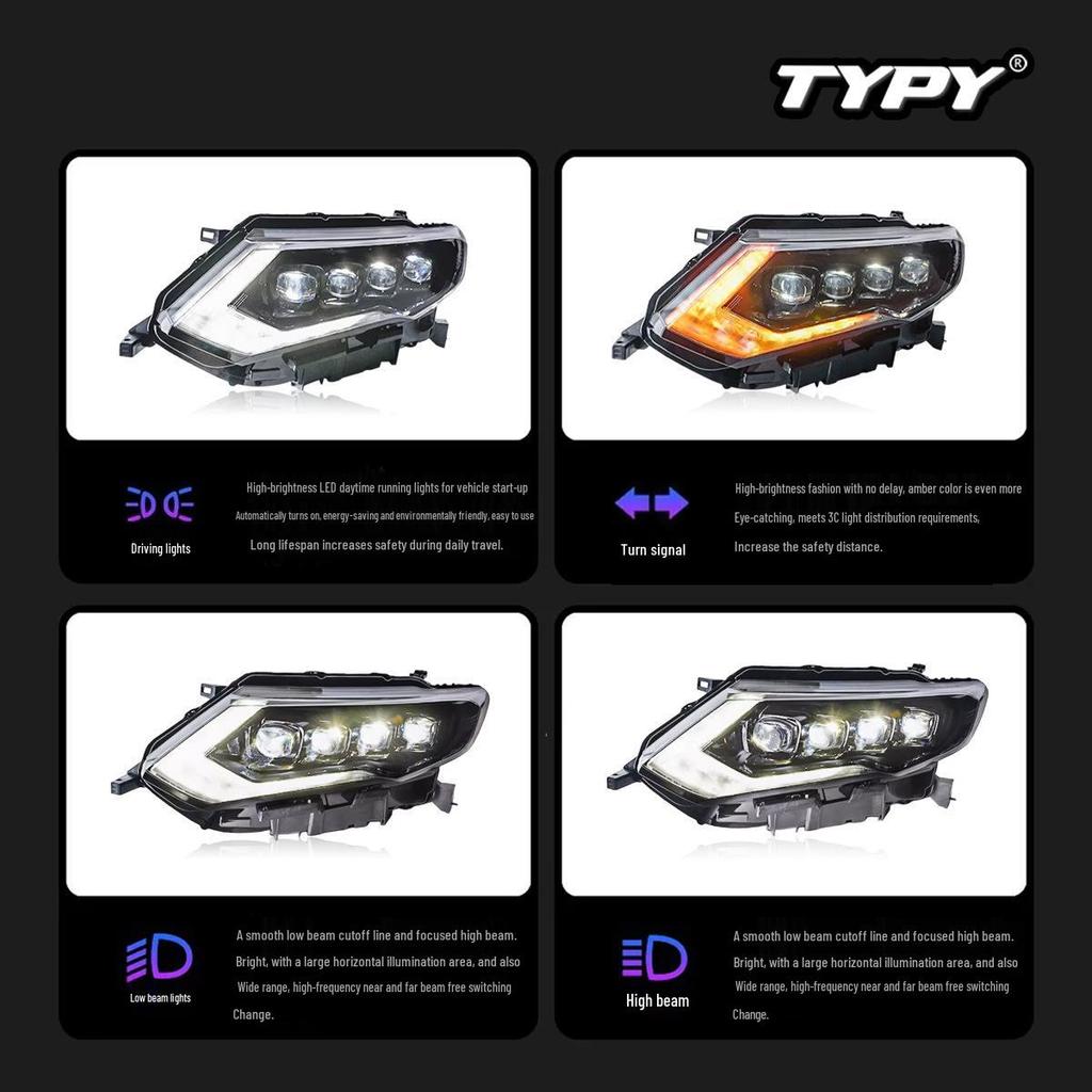 LED Crystal Projector Headlight Assembly for 17-22 Nissan X-Trail: DRL & Flowing Turn Signals
