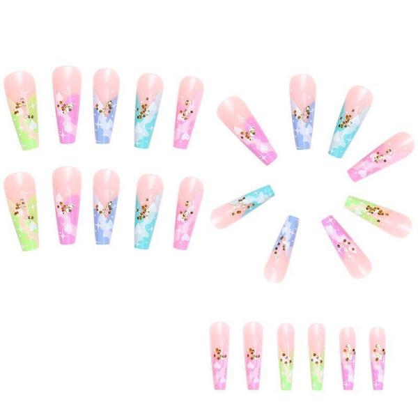 Press On Nails With Designs Long Rainbow Heart Nail False Nail With Sticker Glue French Peach Heart Cotton Cloud Arcrylic Nail Tips