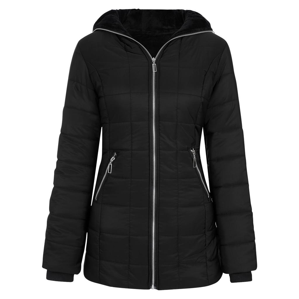 Modische Damen-Jacke mit Kapuze, warmer Mantel, lang, gepolstert, schmal