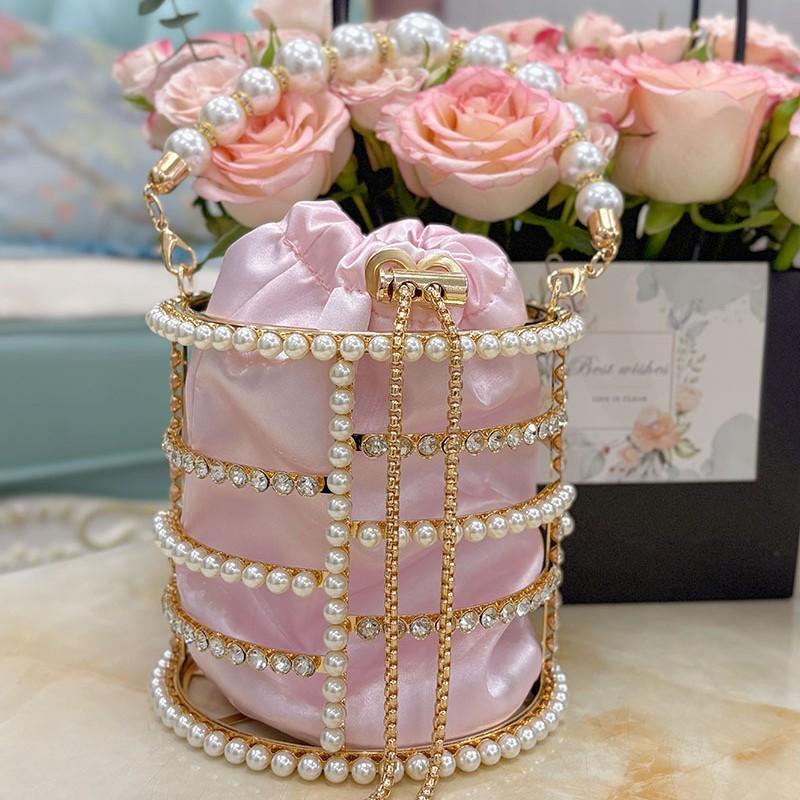 French Hollow Silk Satin Shiny Bleeding Water Diamond Vegetable Basket Banquet Pearl Bucket Clutch Messenger Bag