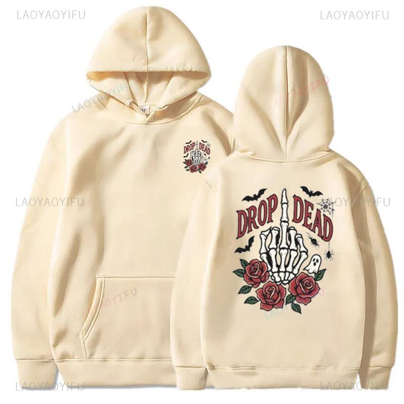 Halloween Skeleton Hoodie Drop Dead Vintage Retro Sweatshirt Spooky Season Pullover Cotton Unisex Funny Costume Party Gift