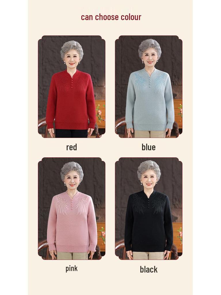Cozy Winter Sweater for Elderly Women: Velvet-Lined, Half-High Collar, Stylish Base Layer for Autumn.