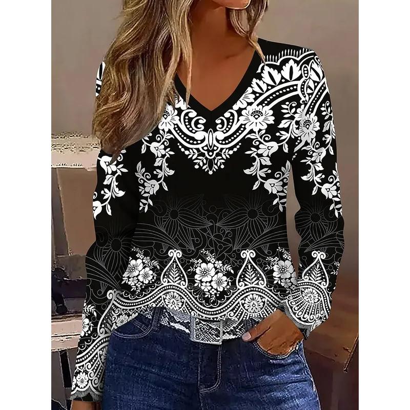 2025 Women's T-Shirts Florals Graphics Plants Elegant Fashion Tees Long Sleeve T-shirts V-Neck Regular Tops Pullover Fall Winter