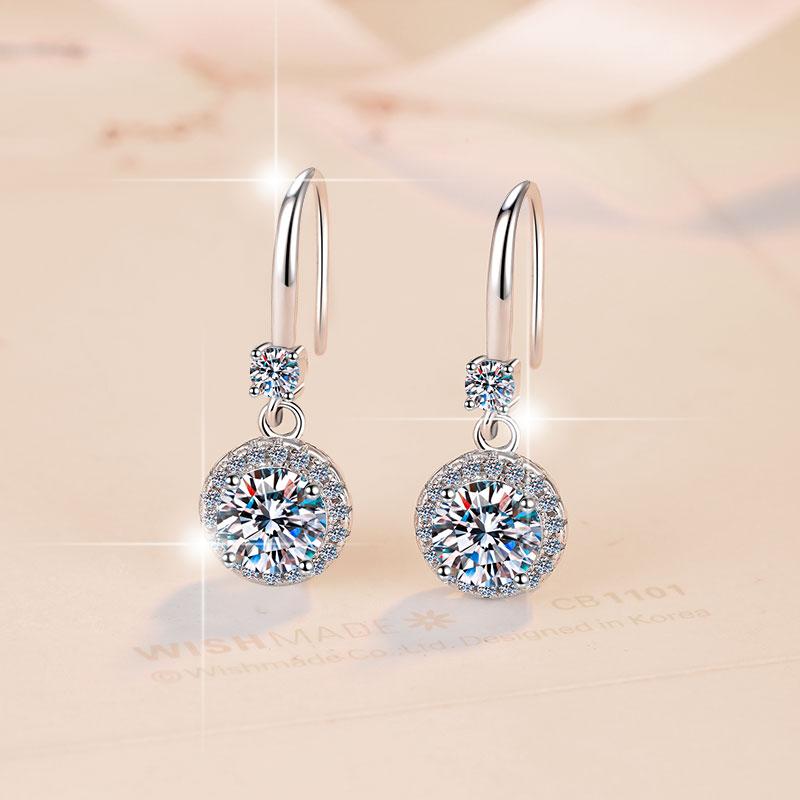 Fine Fashion Jewelry Round Bright Cut VVs1 Moissanite Quality S925 Sterling Silver Earrings Dangle Pendant