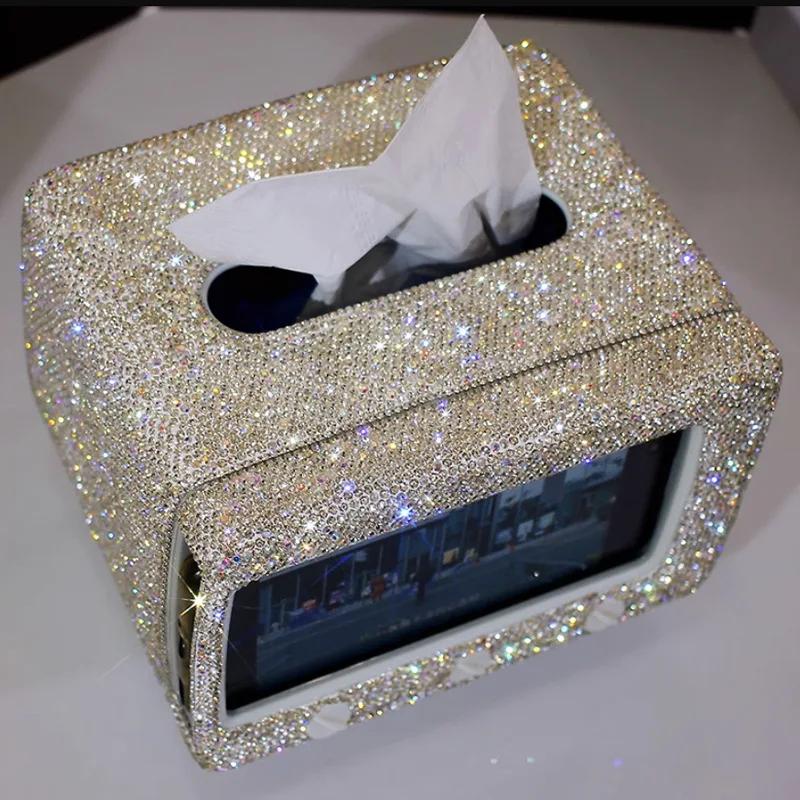 Sparkling Rhinestone Tissue Box Phone Holder Small TV Style Bling Home Desk Decor Tissue Storage Box Napkins Holder Gifts