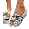 Fashion 2025 New Plus Size Women's Peep-Toe Wedge Sandals Glitter Rhinestone Flower Embellished Slip-On Slippers Summer Casual Shoes