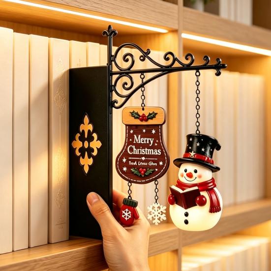 Floating Shelf Light Ornaments Christmas Bookshelf Hanging Light, Snowman Book Nook Lamp, Metal Slim Organizers Library Lantern Decor, Holiday