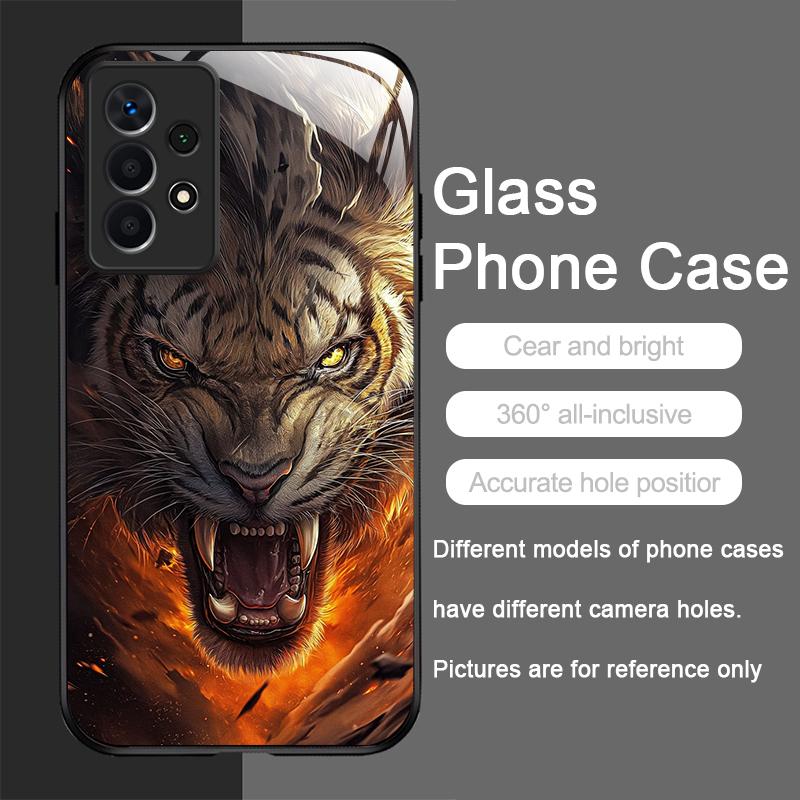 Golden Black Tiger Stripe Flame Print Tempered Glass Phone Case for Samsung Galaxy S25 Ultra S24 S23 Plus S22+ S21 S20 FE Cover