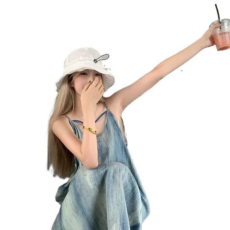 Autumn and Summer Smudged Denim Suspender Dress Women's Summer Design Sense Niche Temperament Thin Straight Dress Women's Clothing