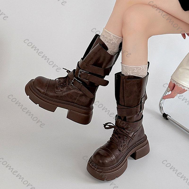 Fashion Comemore Thick Bottom Heightening Short Boots Women's 2025 New Autumn Suede Belt Buckle Punk Style Solid Mid-calf Bota Femininas