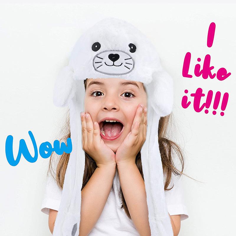 Seal Animal Ear Move Hat White Plush Bunny Ears Moving Jumping Up Toys Dress Up Funny Cosplay Party for Kids Christmas Gift