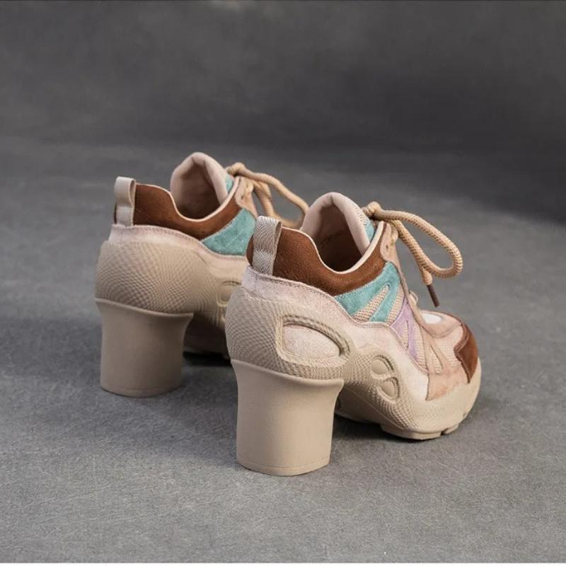 Johnature Fashionable Breathable Sports Style High Heels Mixed Colors Versatile Lace-up Women's Shoes