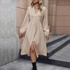 Elegant Women Chiffon Dress High Waist A-Line Knee Length V-neck Long Sleeve Solid Autumn Winter