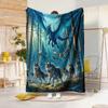 1pc Fantasy Snowy Forest Wolf and Blue Dragon Print Flannel Blanket, Winter Bedroom Living Room Atmospheric Warm Throw Blanket, Multiple Sizes Availab