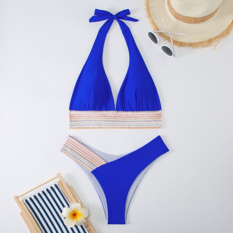 Pure Color Split Swimsuit Women Sexy Tight Bikini High Waist Neck Gathered