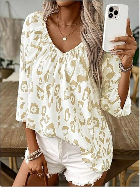 

Khaki Leopard Print Deep V-Neck Ruched Shirt - Spring/Summer Women s Fashion, Three-Quarter Sleeve 2024 XL світло-жовтого кольору