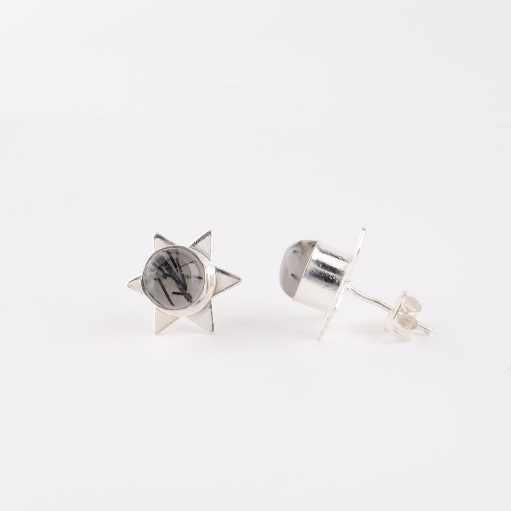 Natural Black Rutile Gemstone 925 Sterling Silver Jewelry Stud Earrings 0.44" EE-175-27