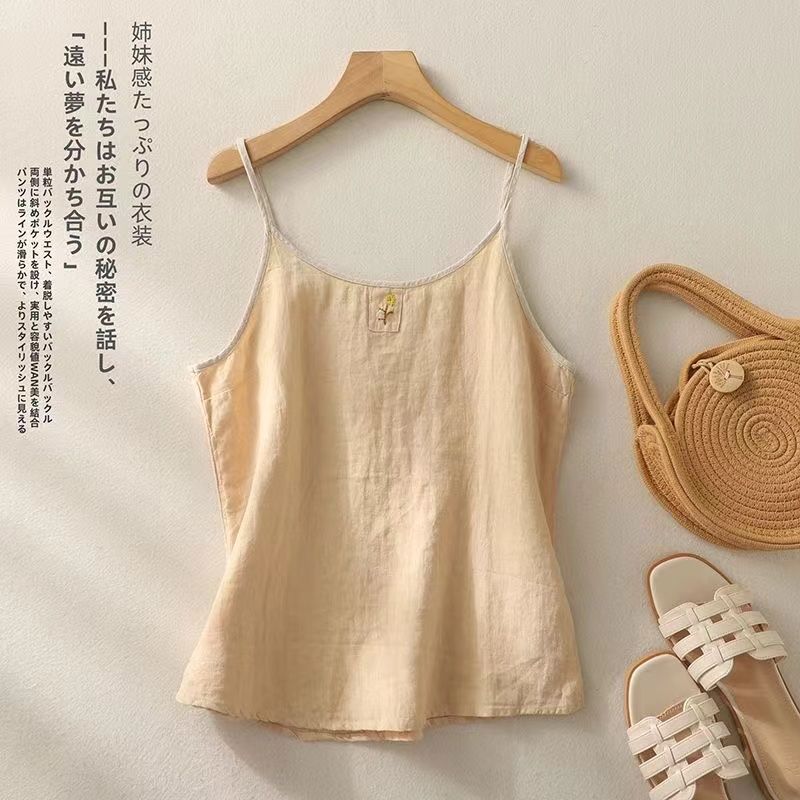Vintage Embroidered Linen Camisole Women Summer Loose Casual Simple Sleeveless Top