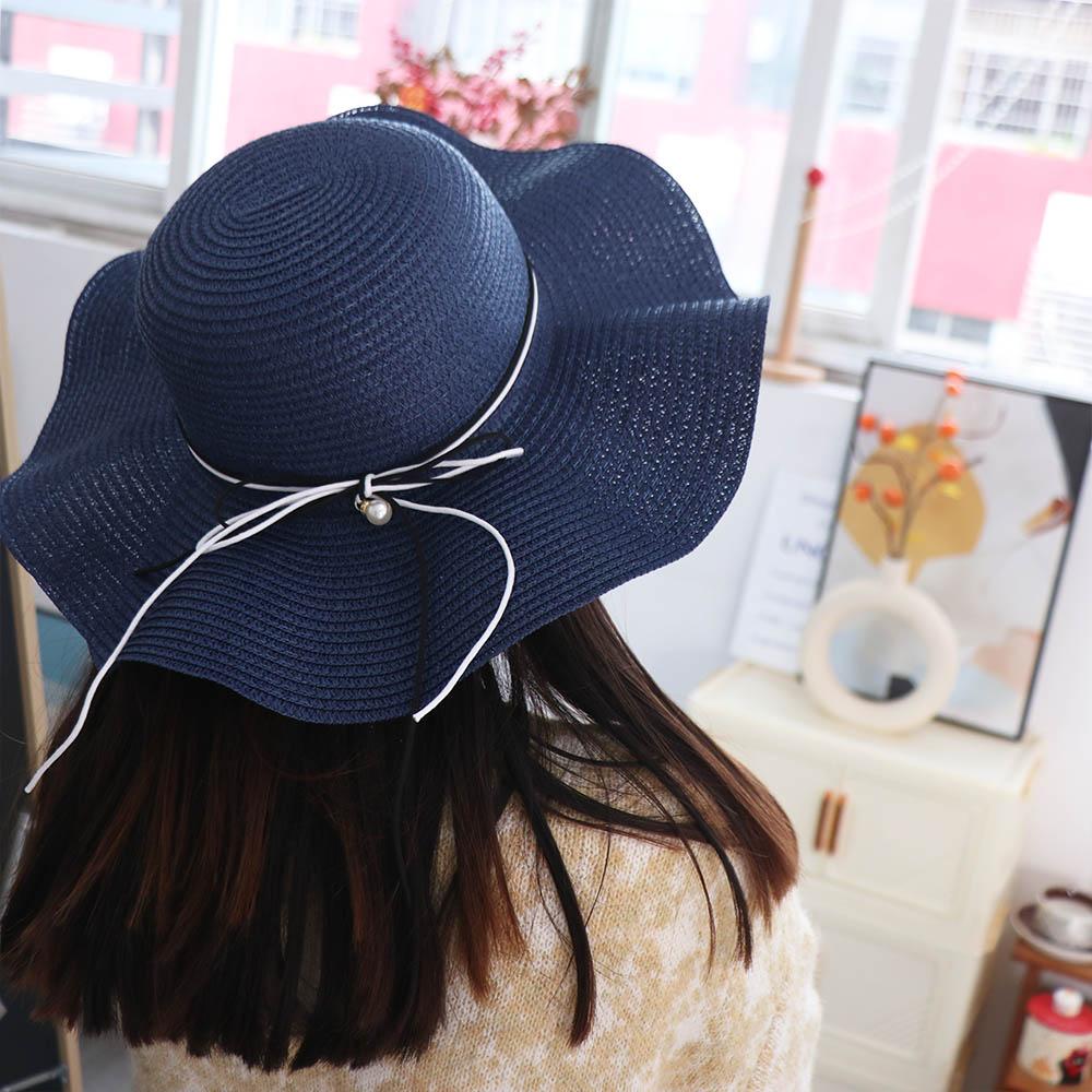 French Style Pearls Strap Straw Hat Wide Brim Women's Sun Hat Ins Folding Straw Hats Outdoor