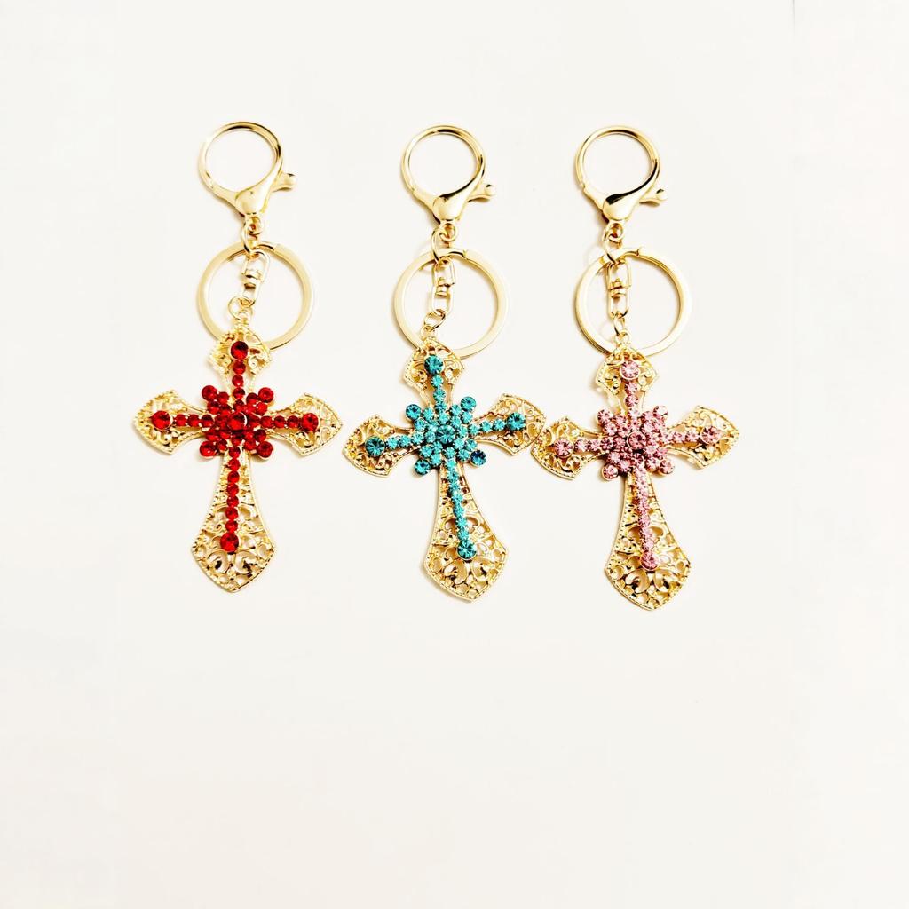 Micro-Paved Rhinestone Cross Metal Keychain: Hot Selling Car and Bag Charm Keyring